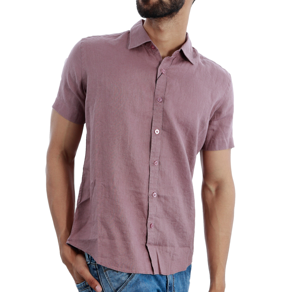 Simple Linen Pink Colour Men's Short Sleeve Casual Shirt | MySoftlogic.lk
